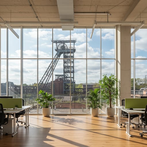 Helles Büro in Gelsenkirchen mit Blick auf den Zechenturm – Standort von FiBuHelden